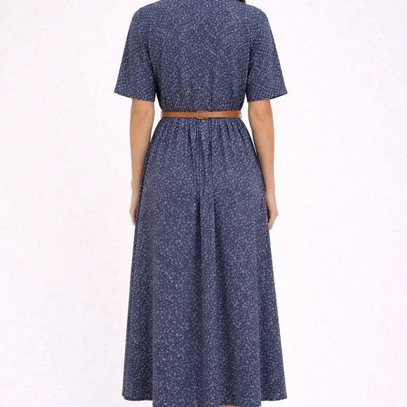 90s Vintage Dress Barn Elisabeth Blue Ditsy Floral Midi Dress 100% Cotton Size 3 - Picture 2 of 11